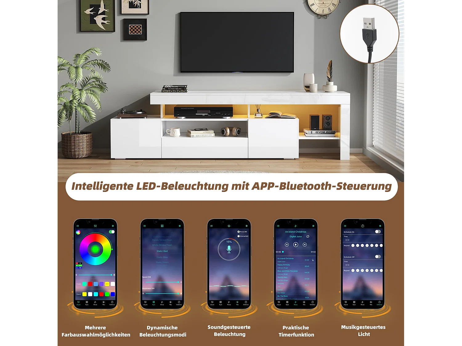 192*37*53cm TV schrank mit 3 schränke ,TV stand und Fernsehschrank Mit LED,Hochglanz Lowboard und Fernsehtisch,TV-Board und TV-Kommode