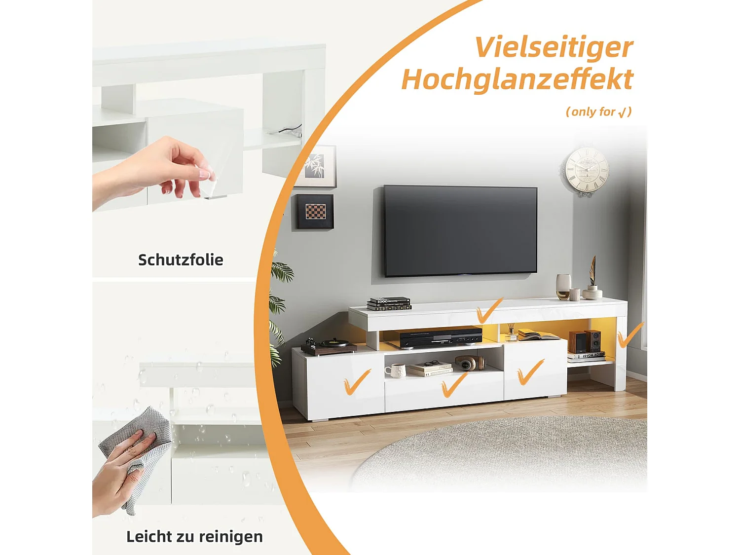 192*37*53cm TV schrank mit 3 schränke ,TV stand und Fernsehschrank Mit LED,Hochglanz Lowboard und Fernsehtisch,TV-Board und TV-Kommode