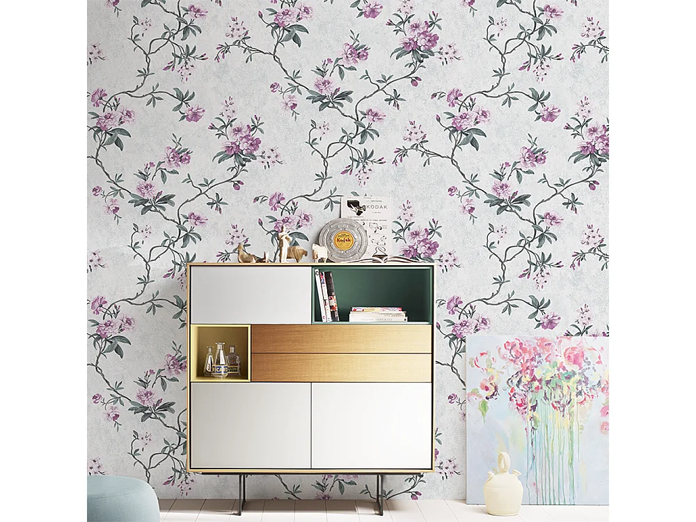 Papier peint texturé 3D Palace Garden, série Vintage Retro, 10 x 0,53 m, pour salon, avec fleurs blanches