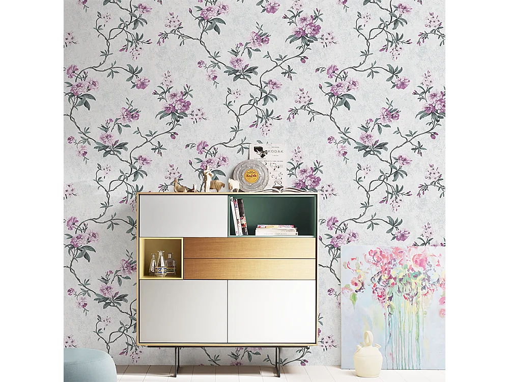 Papier peint texturé 3D Palace Garden, série Vintage Retro, 10 x 0,53 m, pour salon, avec fleurs blanches