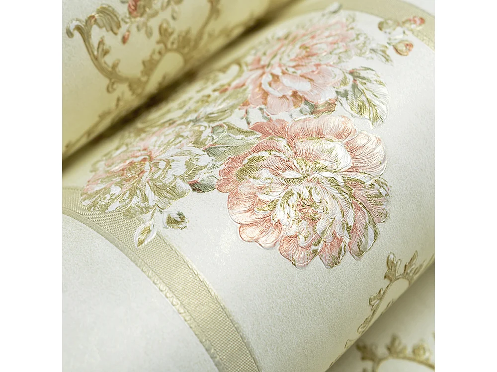 Papier peint texturé 3D, série Palace Garden, série Retro Vintage, 10 x 0,53 m, pour le salon Chambre, Papier peint beige à motifs floraux
