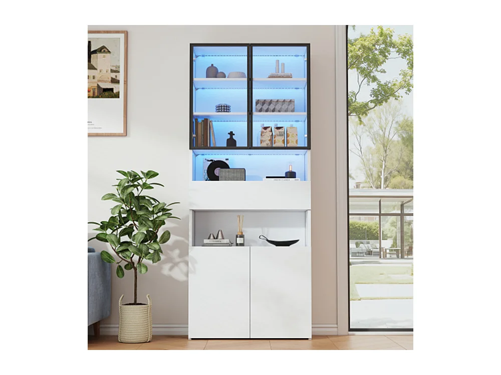 Vitrine,Vitrinenschränke Mit Schubladen und Schränken,Glasvitrine mit LED,Hochschrank mit Offene Speicherplattform ,Bücherschrank 70*30*200cm