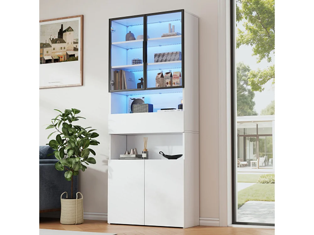 Vitrine,Vitrinenschränke Mit Schubladen und Schränken,Glasvitrine mit LED,Hochschrank mit Offene Speicherplattform ,Bücherschrank 70*30*200cm