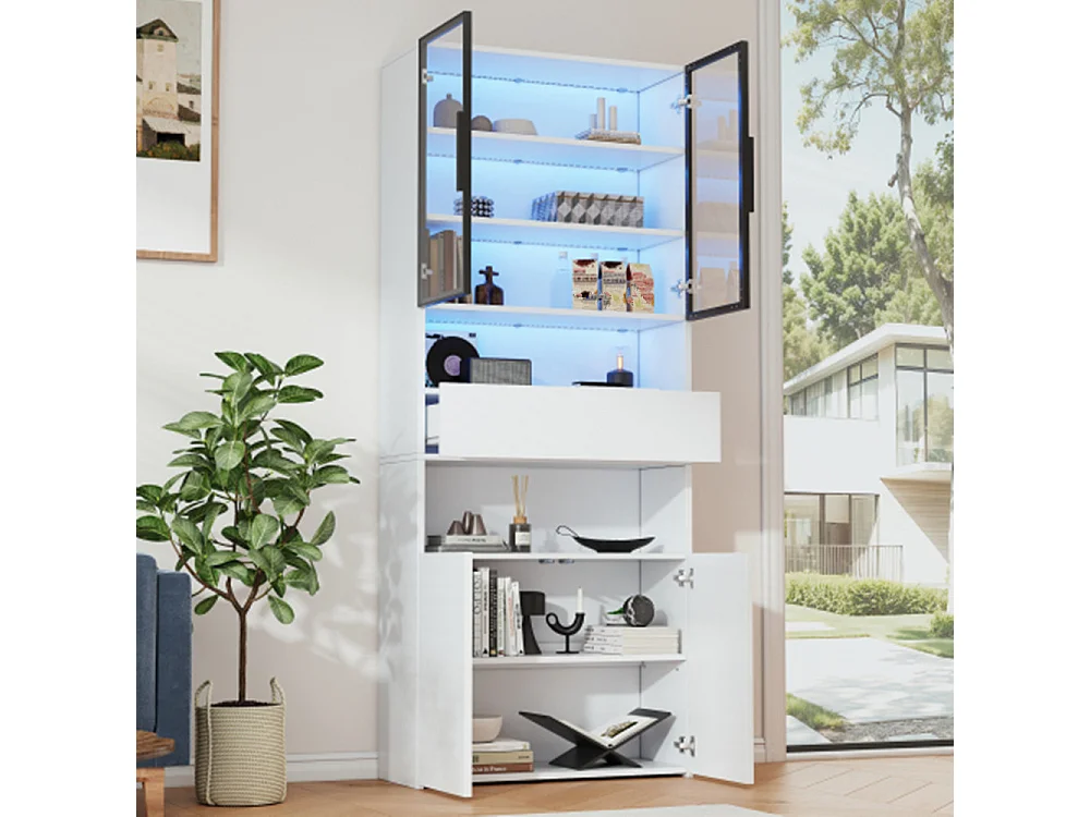 Vitrine,Vitrinenschränke Mit Schubladen und Schränken,Glasvitrine mit LED,Hochschrank mit Offene Speicherplattform ,Bücherschrank 70*30*200cm