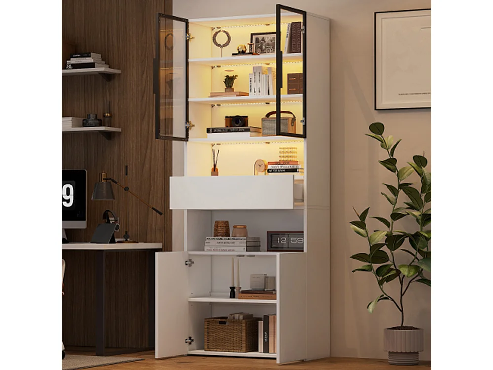 Vitrine,Vitrinenschränke Mit Schubladen und Schränken,Glasvitrine mit LED,Hochschrank mit Offene Speicherplattform ,Bücherschrank 70*30*200cm
