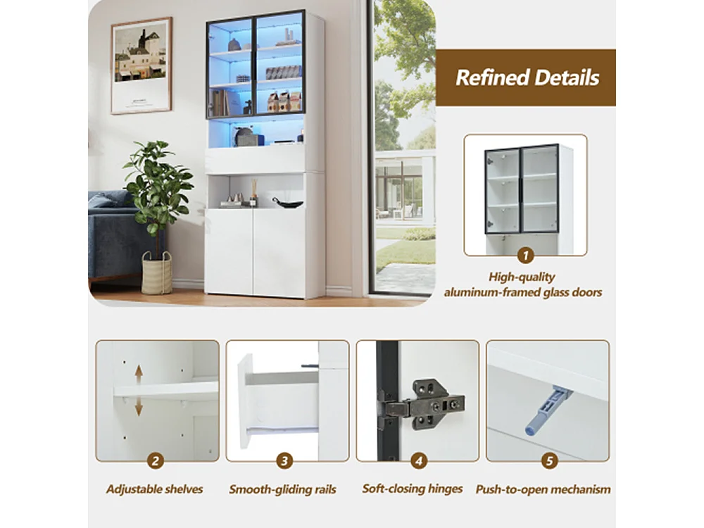 Vitrine,Vitrinenschränke Mit Schubladen und Schränken,Glasvitrine mit LED,Hochschrank mit Offene Speicherplattform ,Bücherschrank 70*30*200cm