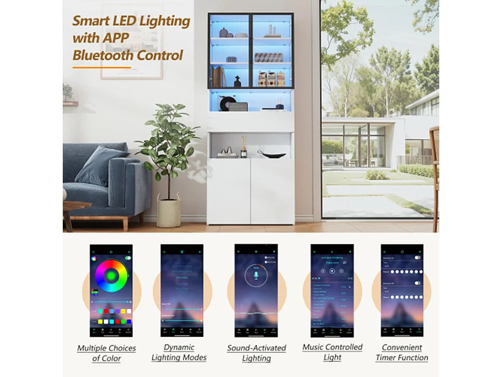 Vitrine,Vitrinenschränke Mit Schubladen und Schränken,Glasvitrine mit LED,Hochschrank mit Offene Speicherplattform ,Bücherschrank 70*30*200cm