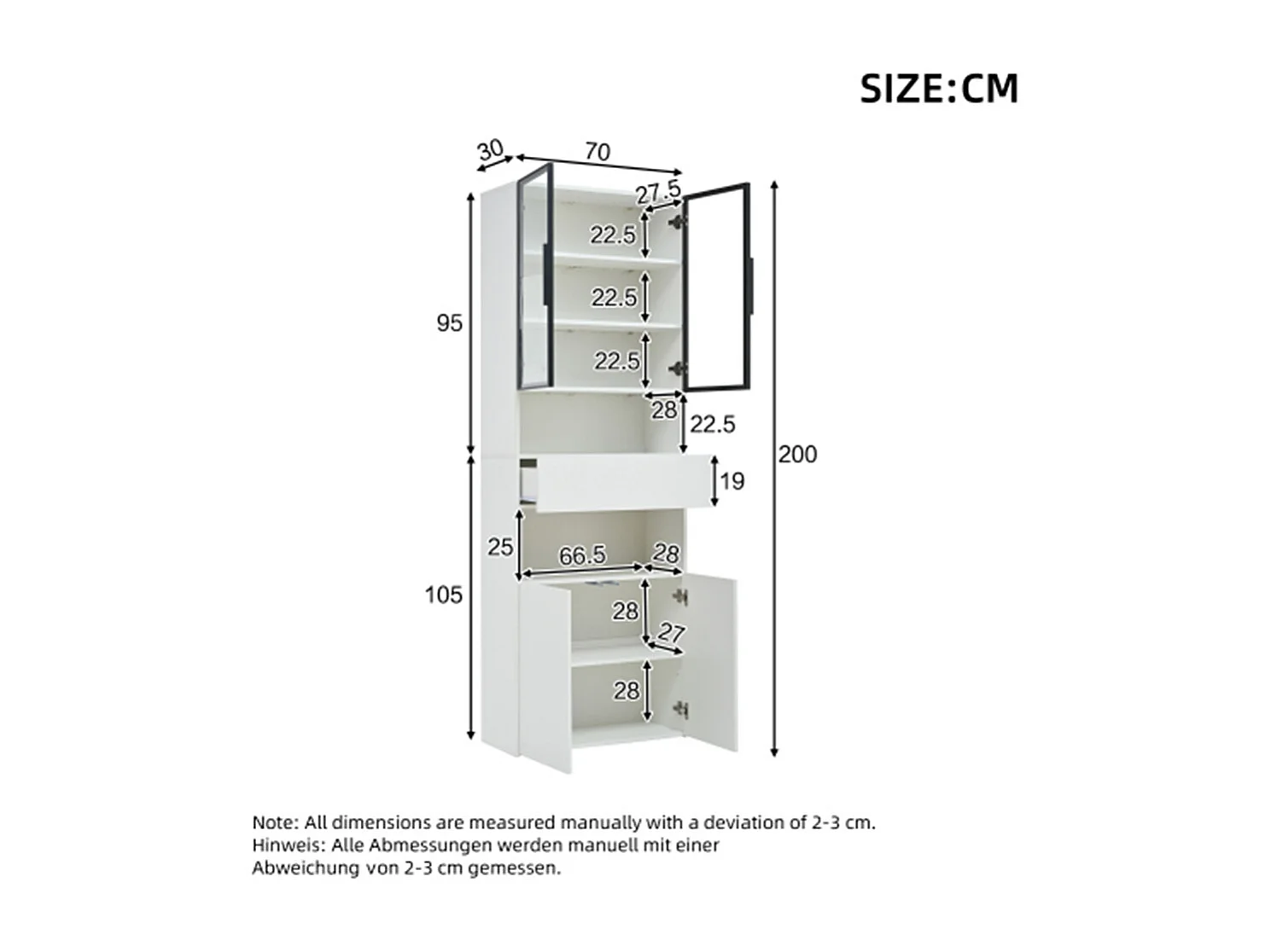 Vitrine,Vitrinenschränke Mit Schubladen und Schränken,Glasvitrine mit LED,Hochschrank mit Offene Speicherplattform ,Bücherschrank 70*30*200cm
