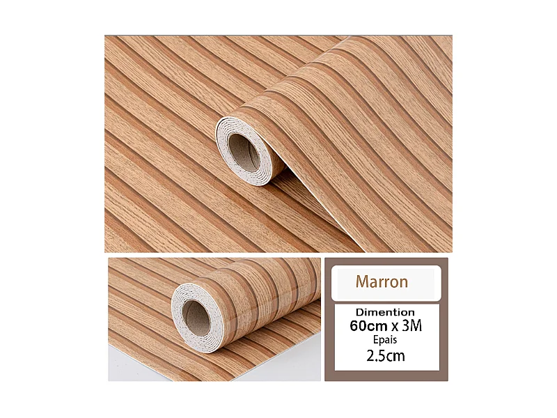 Rouleau de papier peint autocollant 3D PVC 60 cm x 3 m Imitation bois Marron Résistant à l'eau et à l'humidité