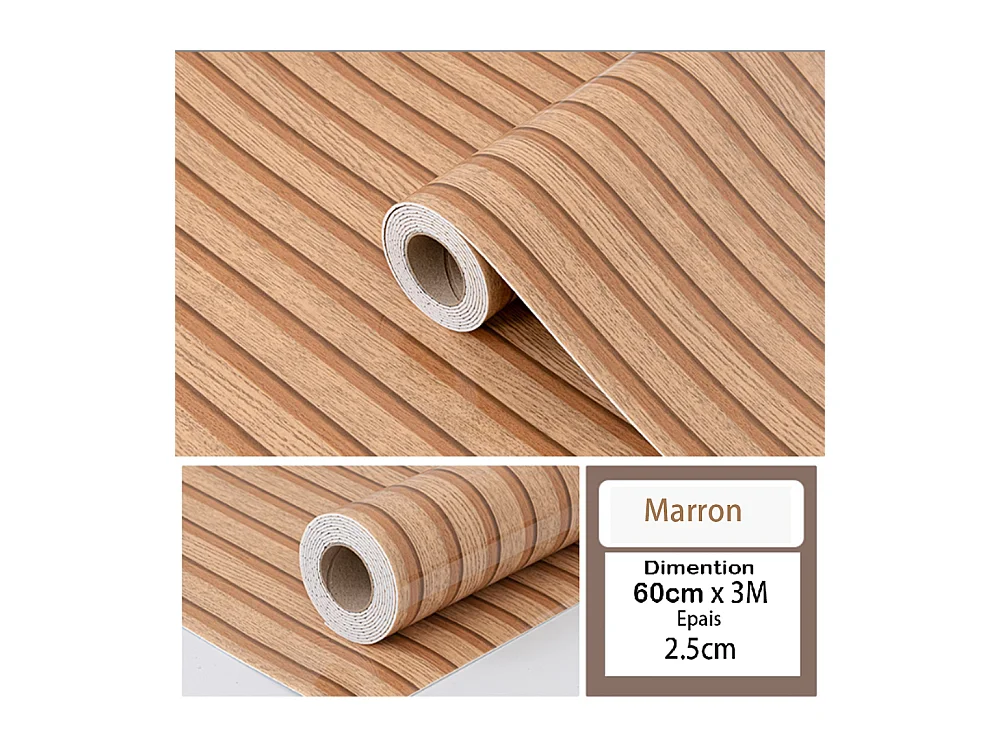 Rouleau de papier peint autocollant 3D PVC 60 cm x 3 m Imitation bois Marron Résistant à l'eau et à l'humidité