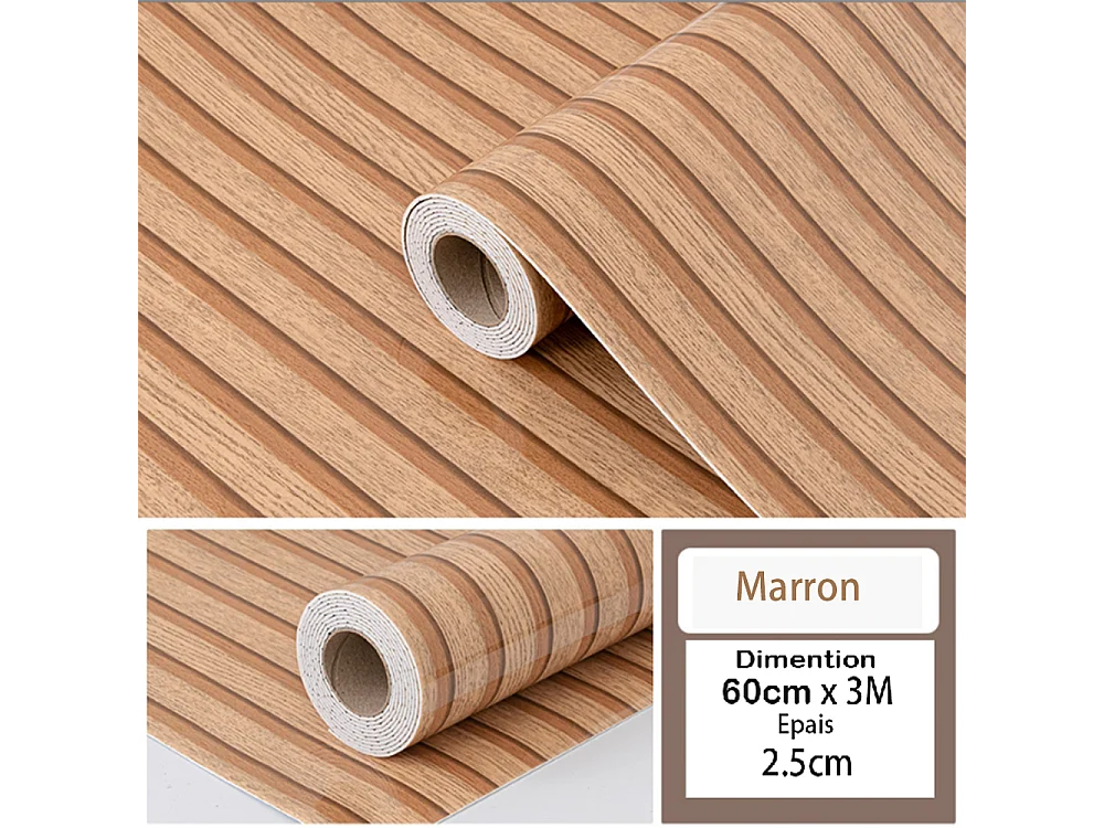 Rouleau de papier peint autocollant 3D PVC 60 cm x 3 m Imitation bois Marron Résistant à l'eau et à l'humidité