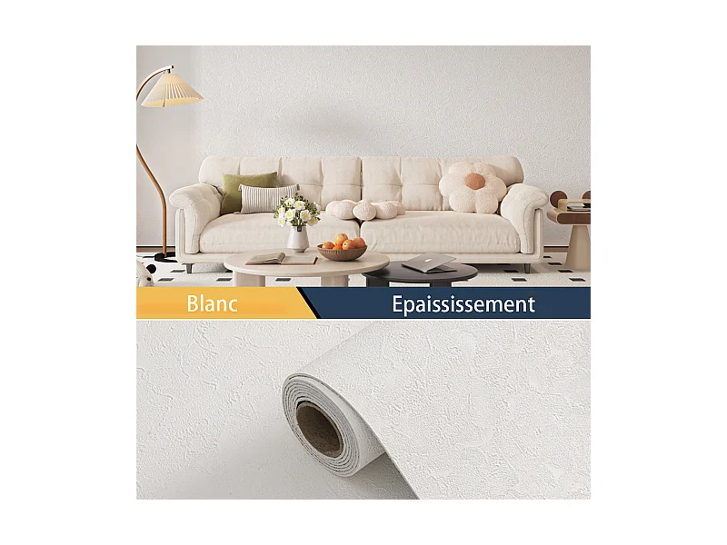Papier peint autocollant 3D épais effet ciment blanc, rouleau de 60 cm x 2,8 m, style industriel, 1,68 m²