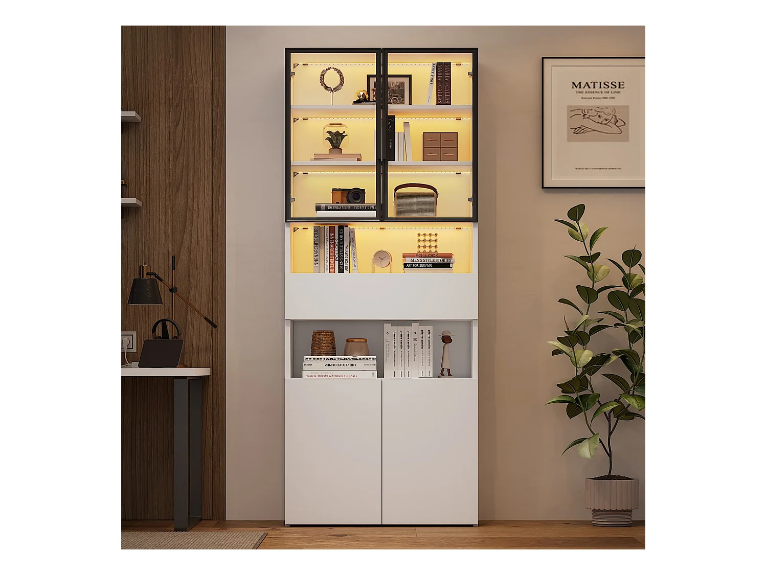 Vitrine,Vitrinenschränke Mit Schubladen und Schränken,Glasvitrine mit Glastüren und LED,Hochschrank mit Offene Speicherplattform,Bücherschrank