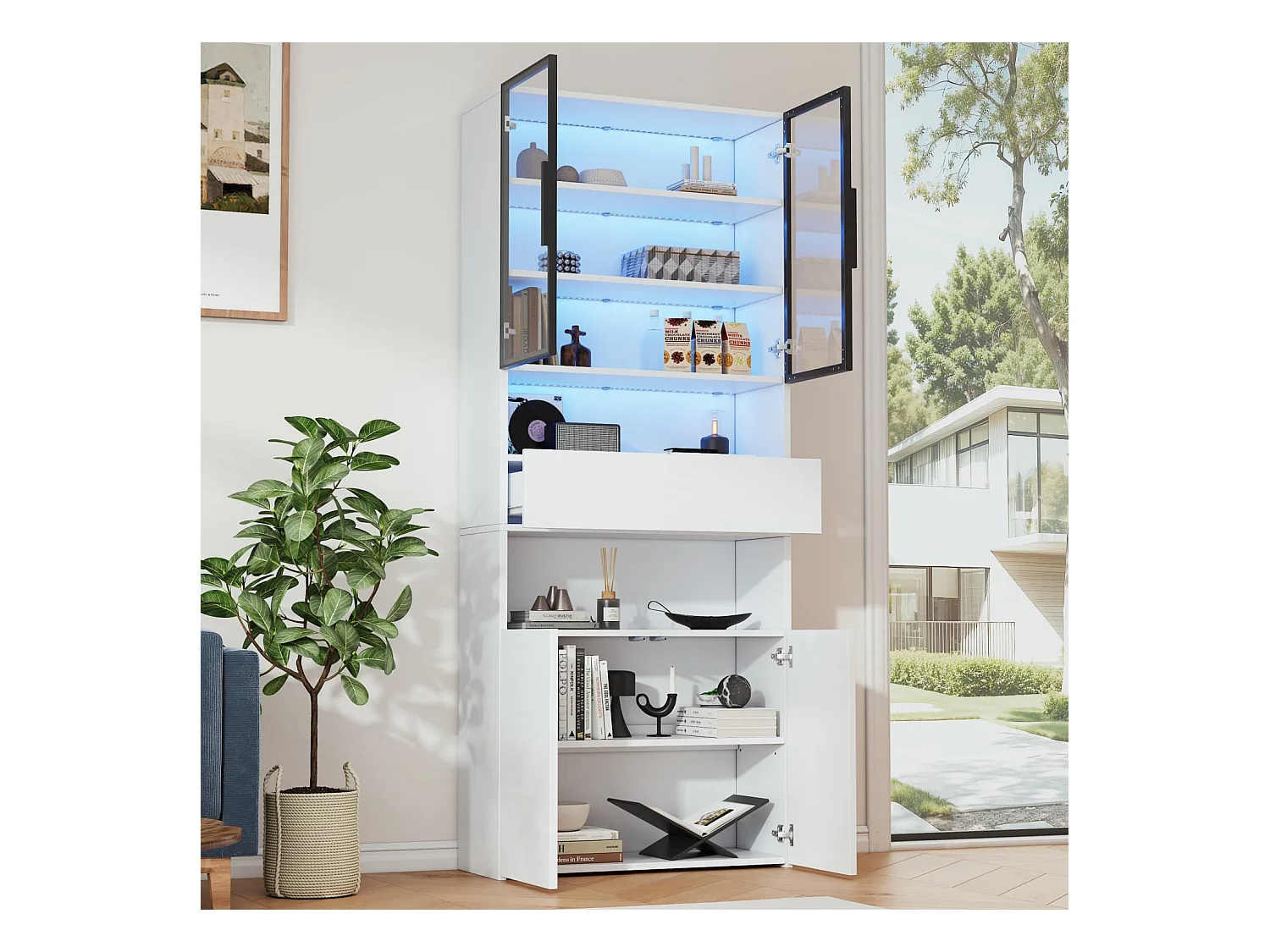 Vitrine,Vitrinenschränke Mit Schubladen und Schränken,Glasvitrine mit Glastüren und LED,Hochschrank mit Offene Speicherplattform,Bücherschrank