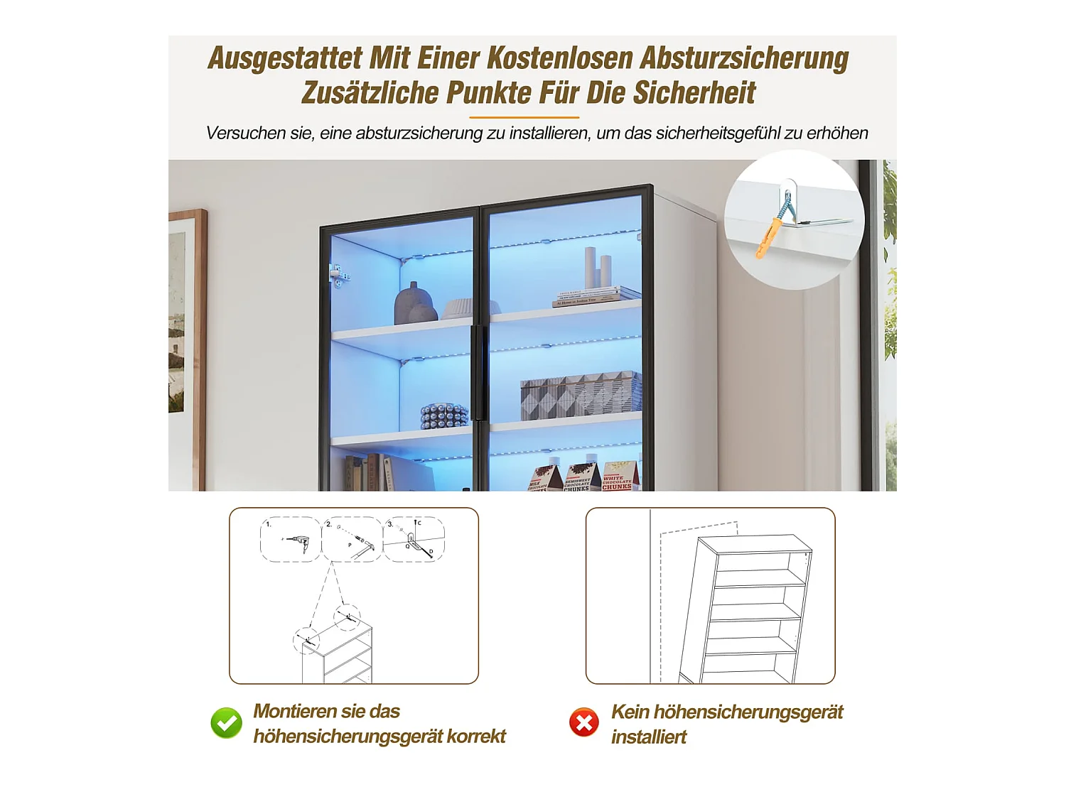 Vitrine,Vitrinenschränke Mit Schubladen und Schränken,Glasvitrine mit Glastüren und LED,Hochschrank mit Offene Speicherplattform,Bücherschrank