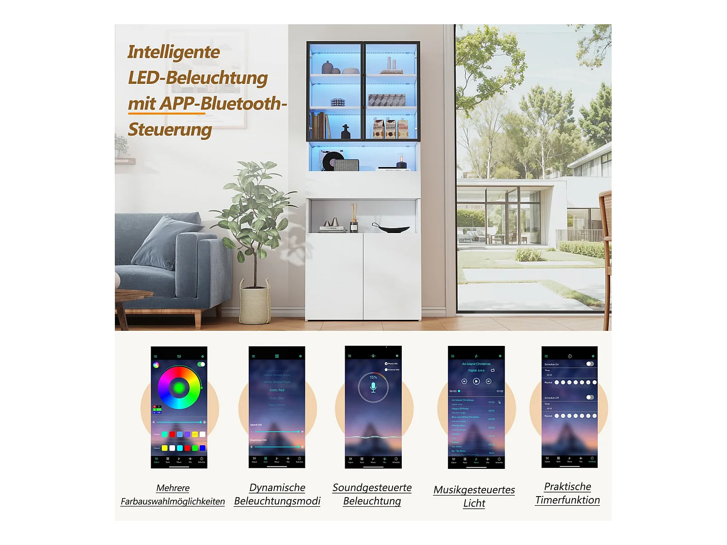 Vitrine,Vitrinenschränke Mit Schubladen und Schränken,Glasvitrine mit Glastüren und LED,Hochschrank mit Offene Speicherplattform,Bücherschrank