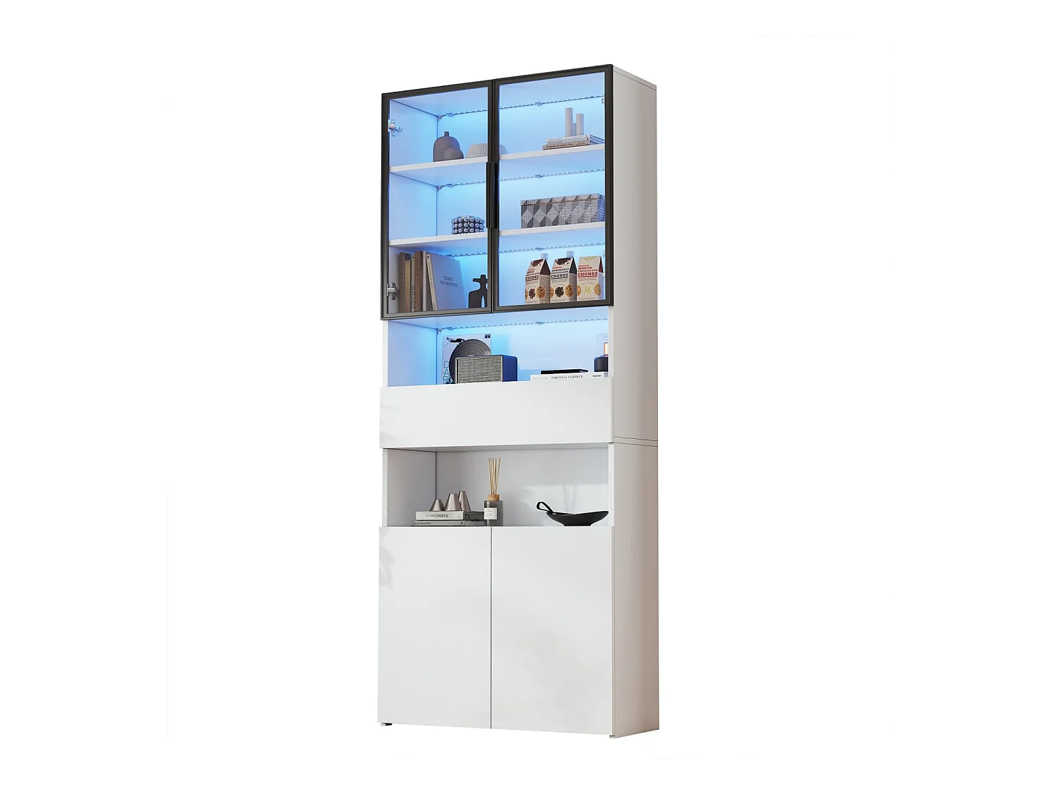 Vitrine,Vitrinenschränke Mit Schubladen und Schränken,Glasvitrine mit Glastüren und LED,Hochschrank mit Offene Speicherplattform,Bücherschrank