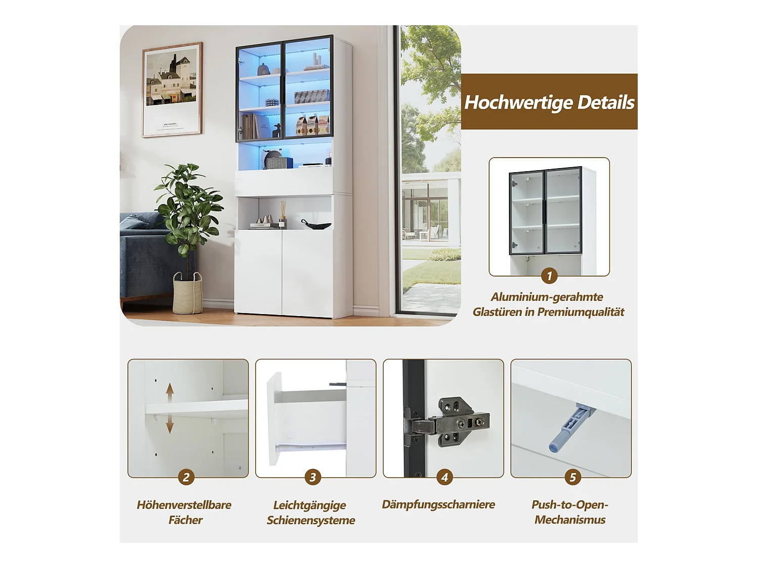 Vitrine,Vitrinenschränke Mit Schubladen und Schränken,Glasvitrine mit Glastüren und LED,Hochschrank mit Offene Speicherplattform,Bücherschrank