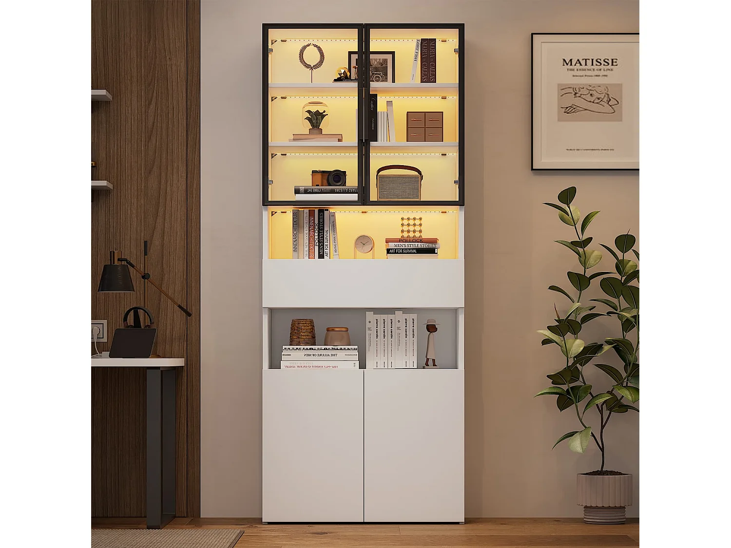 Vitrine,Vitrinenschränke Mit Schubladen und Schränken,Glasvitrine mit Glastüren und LED,Hochschrank mit Offene Speicherplattform,Bücherschrank