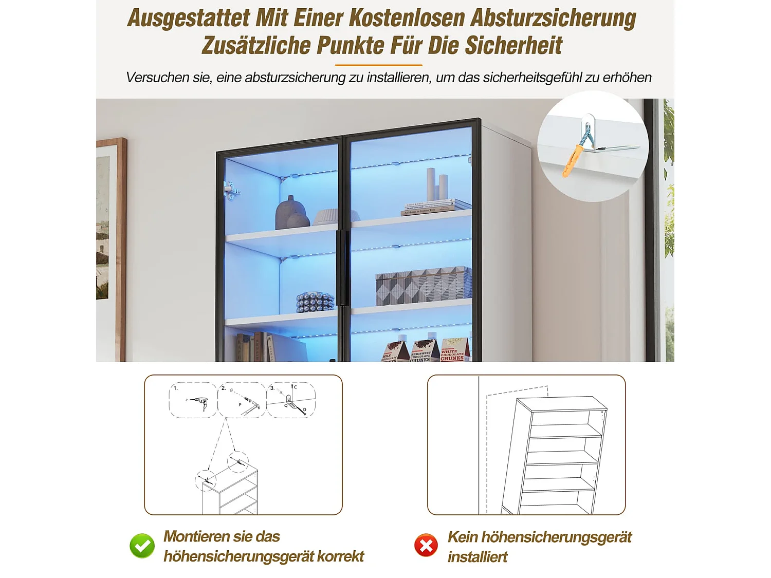 Vitrine,Vitrinenschränke Mit Schubladen und Schränken,Glasvitrine mit Glastüren und LED,Hochschrank mit Offene Speicherplattform,Bücherschrank