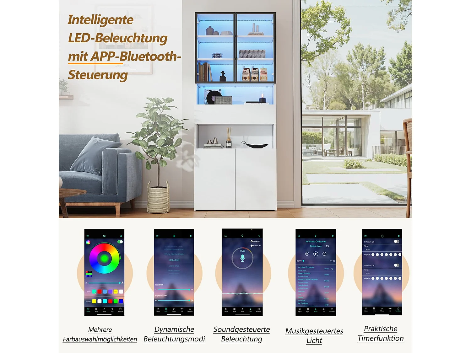 Vitrine,Vitrinenschränke Mit Schubladen und Schränken,Glasvitrine mit Glastüren und LED,Hochschrank mit Offene Speicherplattform,Bücherschrank