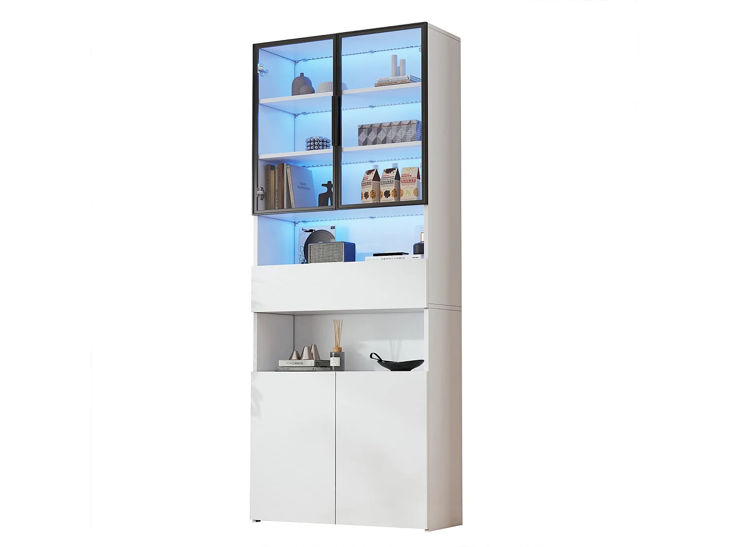 Vitrine,Vitrinenschränke Mit Schubladen und Schränken,Glasvitrine mit Glastüren und LED,Hochschrank mit Offene Speicherplattform,Bücherschrank
