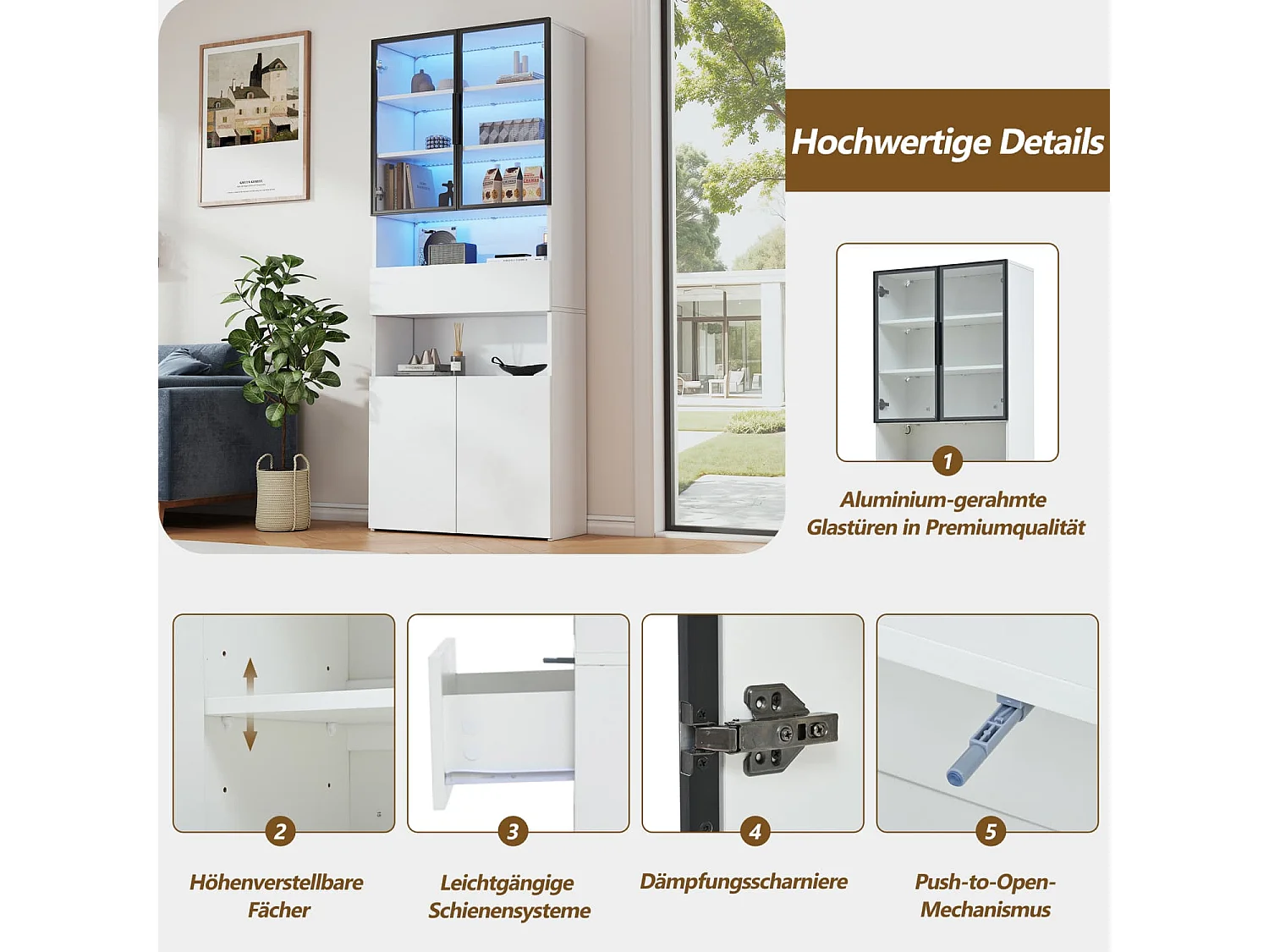 Vitrine,Vitrinenschränke Mit Schubladen und Schränken,Glasvitrine mit Glastüren und LED,Hochschrank mit Offene Speicherplattform,Bücherschrank