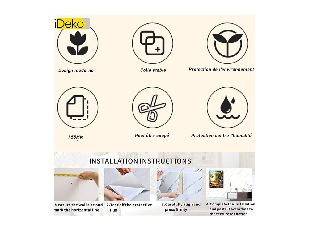 10 papiers peints autocollants 3D effet carrelage 30 cm x 60 cm Beige 1,8 m²