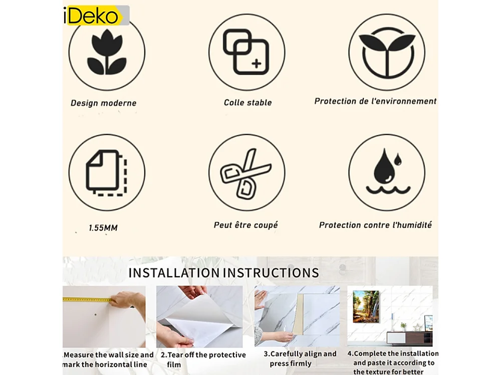 10 papiers peints autocollants 3D effet carrelage 30 cm x 60 cm Beige 1,8 m²