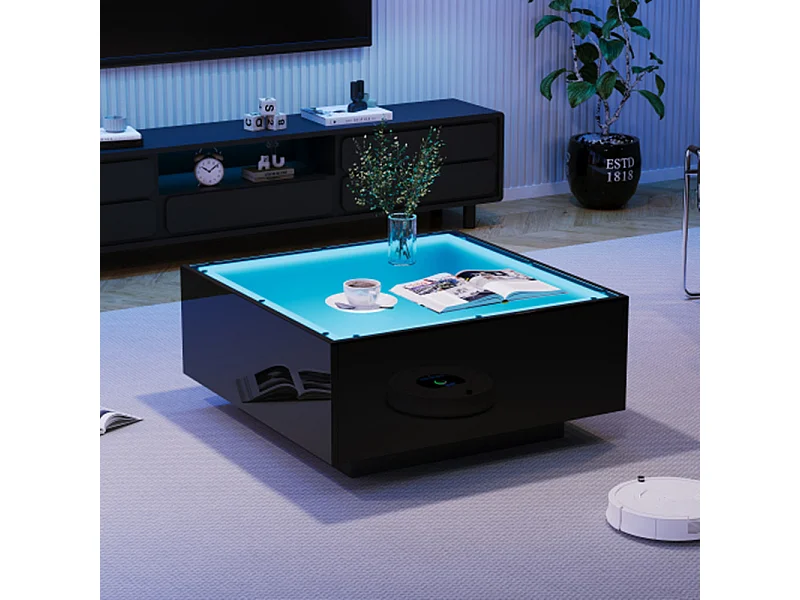 Couchtisch mit Glastischplatte, geometrischer Kaffeetish mit LED-Leuchten, hochglänzende Wohnzimmertisch, Sofatisch,Beistelltisch 70*70*36cm