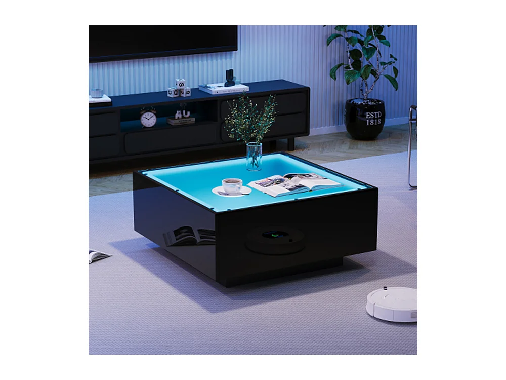 Couchtisch mit Glastischplatte, geometrischer Kaffeetish mit LED-Leuchten, hochglänzende Wohnzimmertisch, Sofatisch,Beistelltisch 70*70*36cm