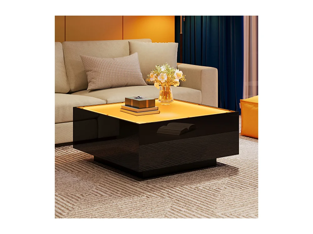 Couchtisch mit Glastischplatte, geometrischer Kaffeetish mit LED-Leuchten, hochglänzende Wohnzimmertisch, Sofatisch,Beistelltisch 70*70*36cm