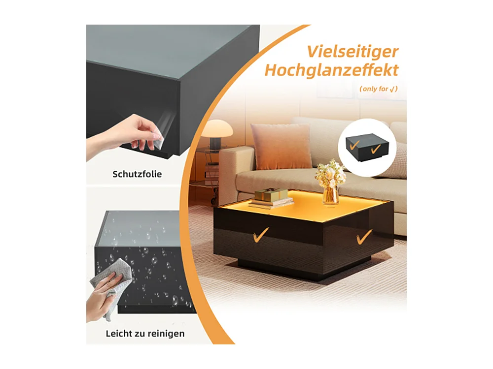 Couchtisch mit Glastischplatte, geometrischer Kaffeetish mit LED-Leuchten, hochglänzende Wohnzimmertisch, Sofatisch,Beistelltisch 70*70*36cm