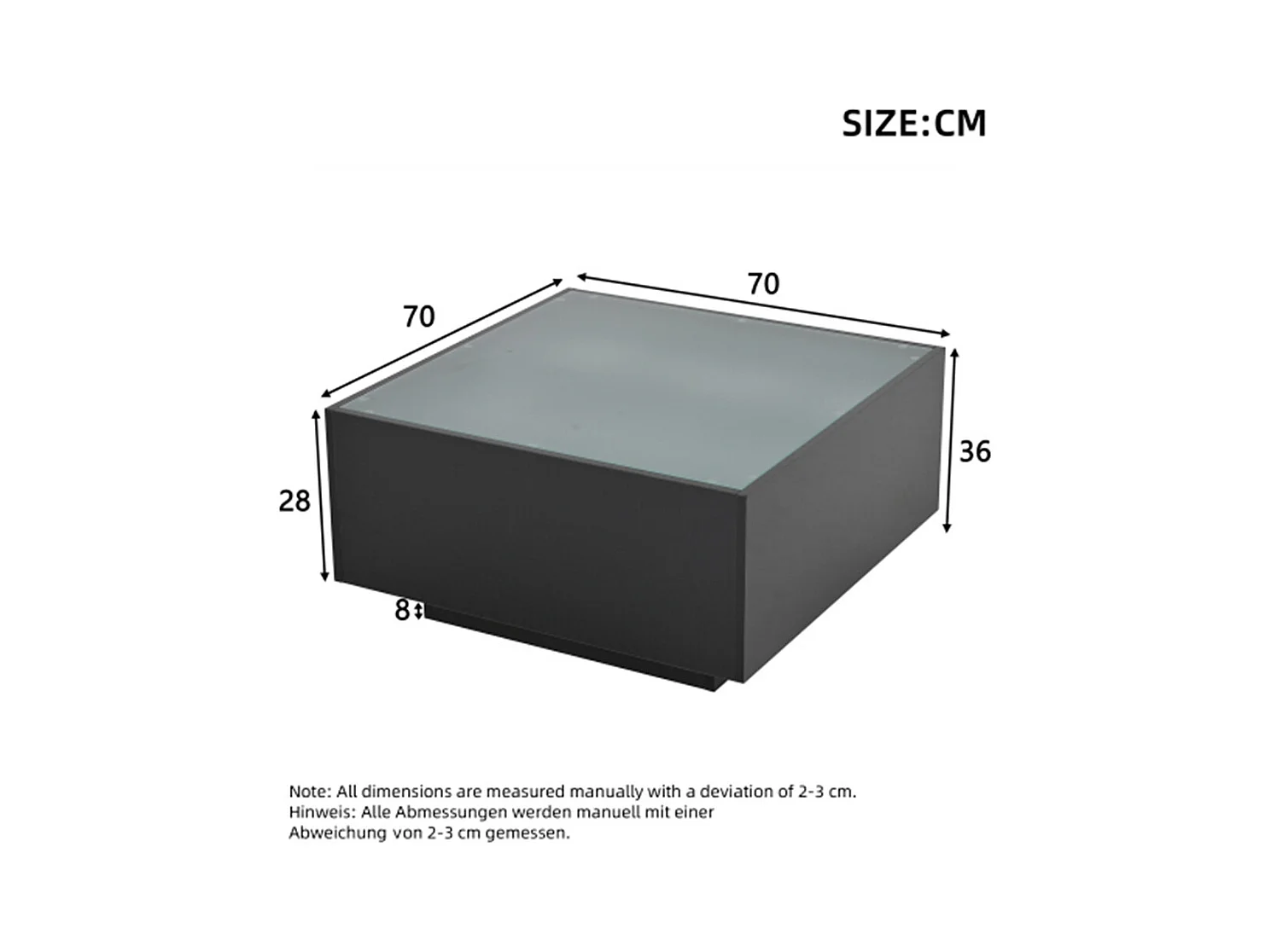 Couchtisch mit Glastischplatte, geometrischer Kaffeetish mit LED-Leuchten, hochglänzende Wohnzimmertisch, Sofatisch,Beistelltisch 70*70*36cm