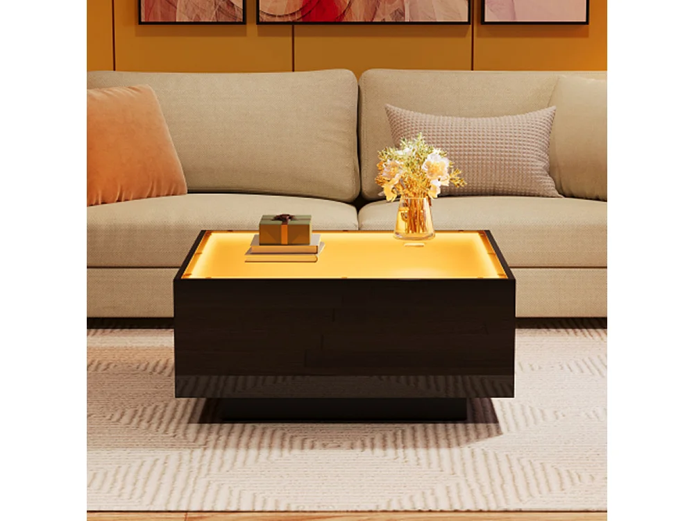 Couchtisch mit Glastischplatte, geometrischer Kaffeetish mit LED-Leuchten, hochglänzende Wohnzimmertisch, Sofatisch,Beistelltisch 70*70*36cm