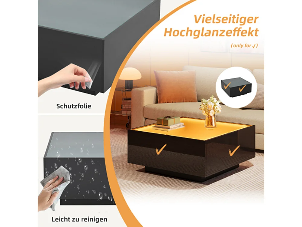 Couchtisch mit Glastischplatte, geometrischer Kaffeetish mit LED-Leuchten, hochglänzende Wohnzimmertisch, Sofatisch,Beistelltisch 70*70*36cm