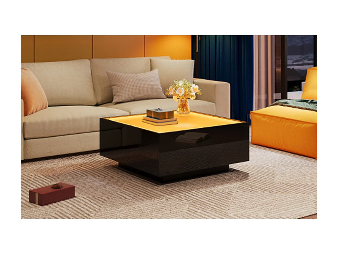 Couchtisch mit Glastischplatte, geometrischer Kaffeetish mit LED-Leuchten, hochglänzende Wohnzimmertisch, Sofatisch,Beistelltisch 70*70*36cm