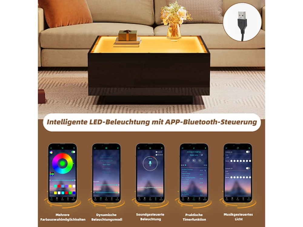 Couchtisch mit Glastischplatte, geometrischer Kaffeetish mit LED-Leuchten, hochglänzende Wohnzimmertisch, Sofatisch,Beistelltisch 70*70*36cm