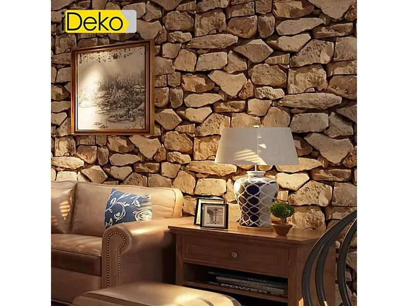 Papier peint trompe-l'œil, aspect brique antique, 10 mètres, 0,53 mètre, pierre Art déco