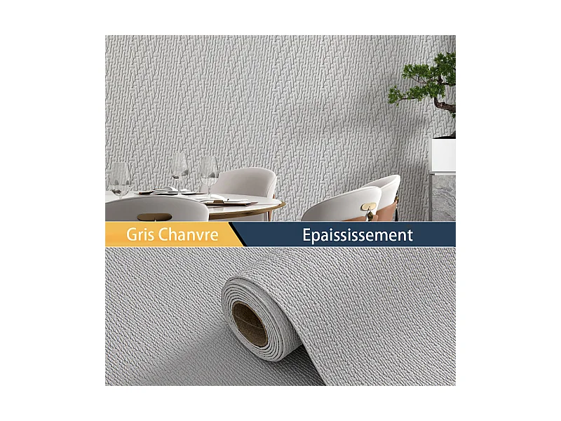 Papier peint autocollant épais effet tissu gris, 60 cm x 2,8 m, style jardin, 1,68 m²