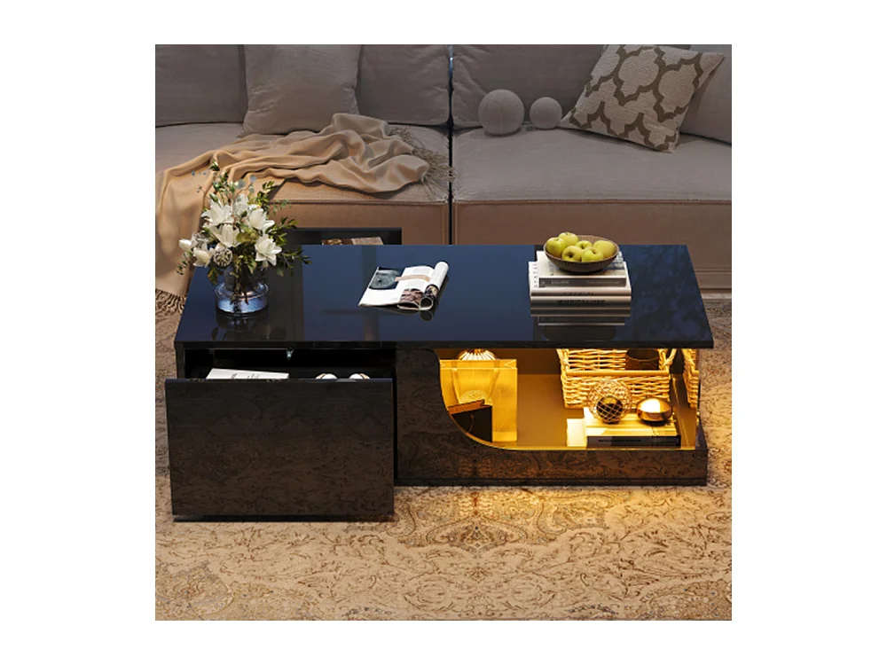 Couchtisch,Sofatisch mit 2 Schubladen, Hochglanz Wohnzimmer Beistelltisch, MDF Wohnzimmertisch, kaffeetisch mit LED,100*50*30cm