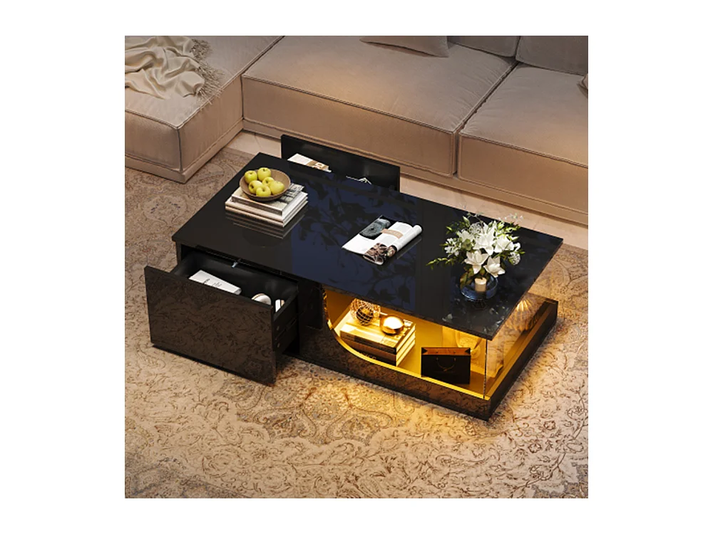 Couchtisch,Sofatisch mit 2 Schubladen, Hochglanz Wohnzimmer Beistelltisch, MDF Wohnzimmertisch, kaffeetisch mit LED,100*50*30cm