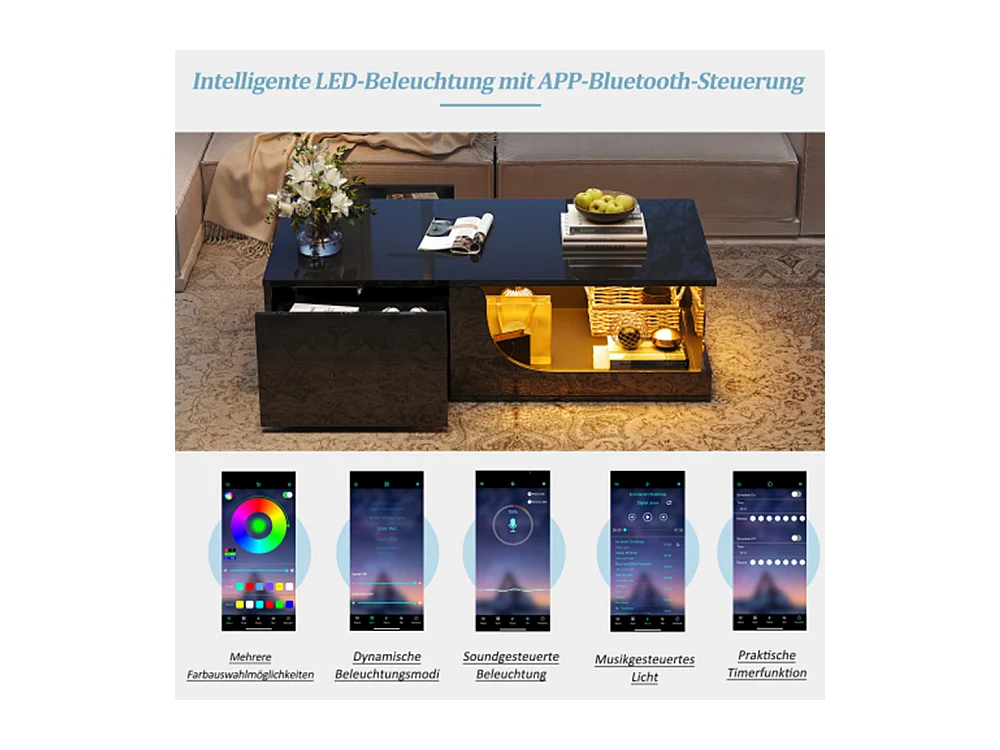 Couchtisch,Sofatisch mit 2 Schubladen, Hochglanz Wohnzimmer Beistelltisch, MDF Wohnzimmertisch, kaffeetisch mit LED,100*50*30cm