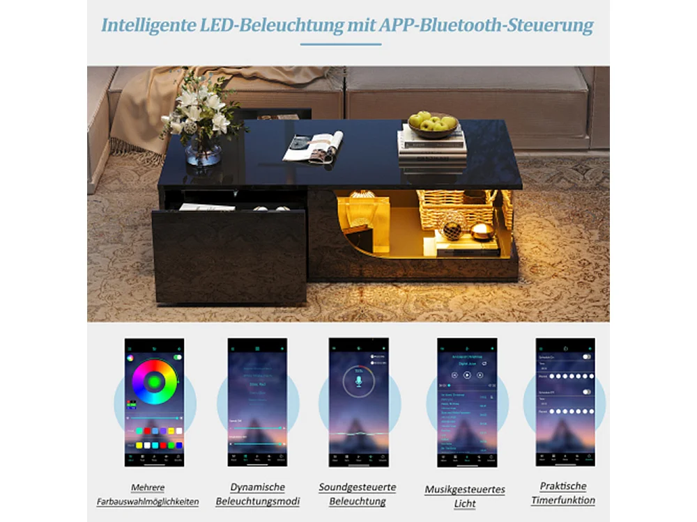 Couchtisch,Sofatisch mit 2 Schubladen, Hochglanz Wohnzimmer Beistelltisch, MDF Wohnzimmertisch, kaffeetisch mit LED,100*50*30cm