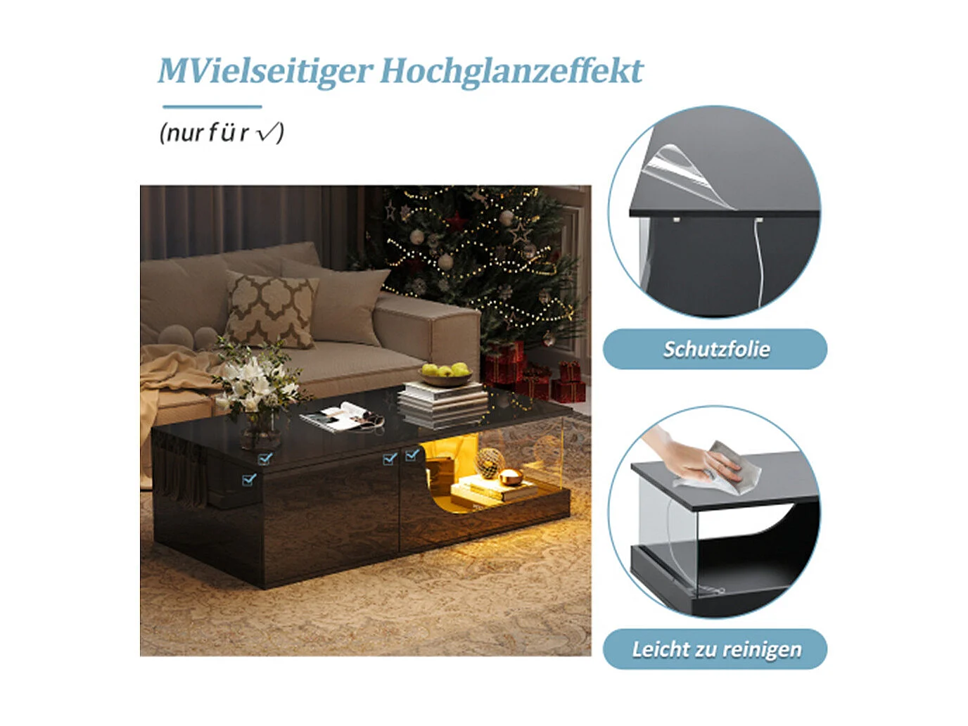 Couchtisch,Sofatisch mit 2 Schubladen, Hochglanz Wohnzimmer Beistelltisch, MDF Wohnzimmertisch, kaffeetisch mit LED,100*50*30cm