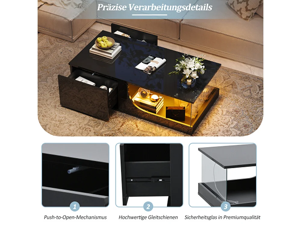 Couchtisch,Sofatisch mit 2 Schubladen, Hochglanz Wohnzimmer Beistelltisch, MDF Wohnzimmertisch, kaffeetisch mit LED,100*50*30cm