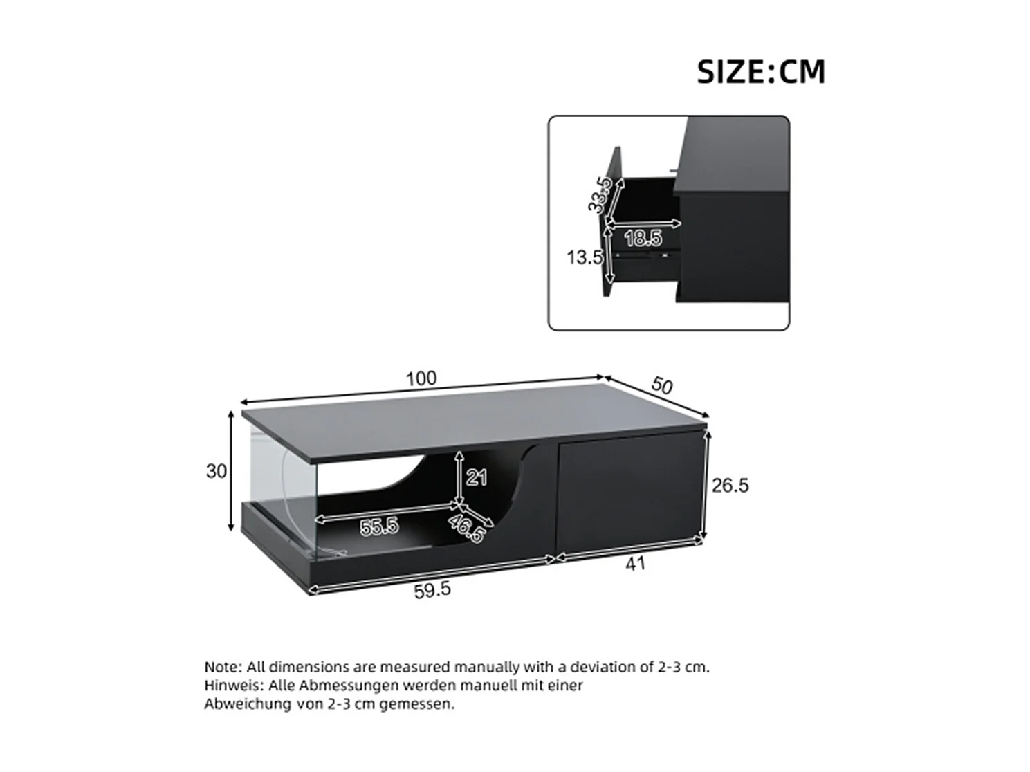 Couchtisch,Sofatisch mit 2 Schubladen, Hochglanz Wohnzimmer Beistelltisch, MDF Wohnzimmertisch, kaffeetisch mit LED,100*50*30cm