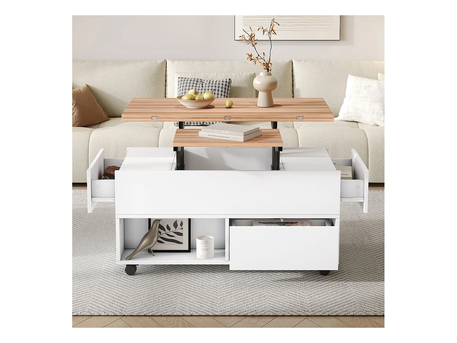 Couchtisch mit 4 Rollen,multifunktionaler Esstisch mit 4 Schubladen, anhebbarer Kaffeetish, höhenverstellbar Sofatisch,Beistelltisch mit Stauraum