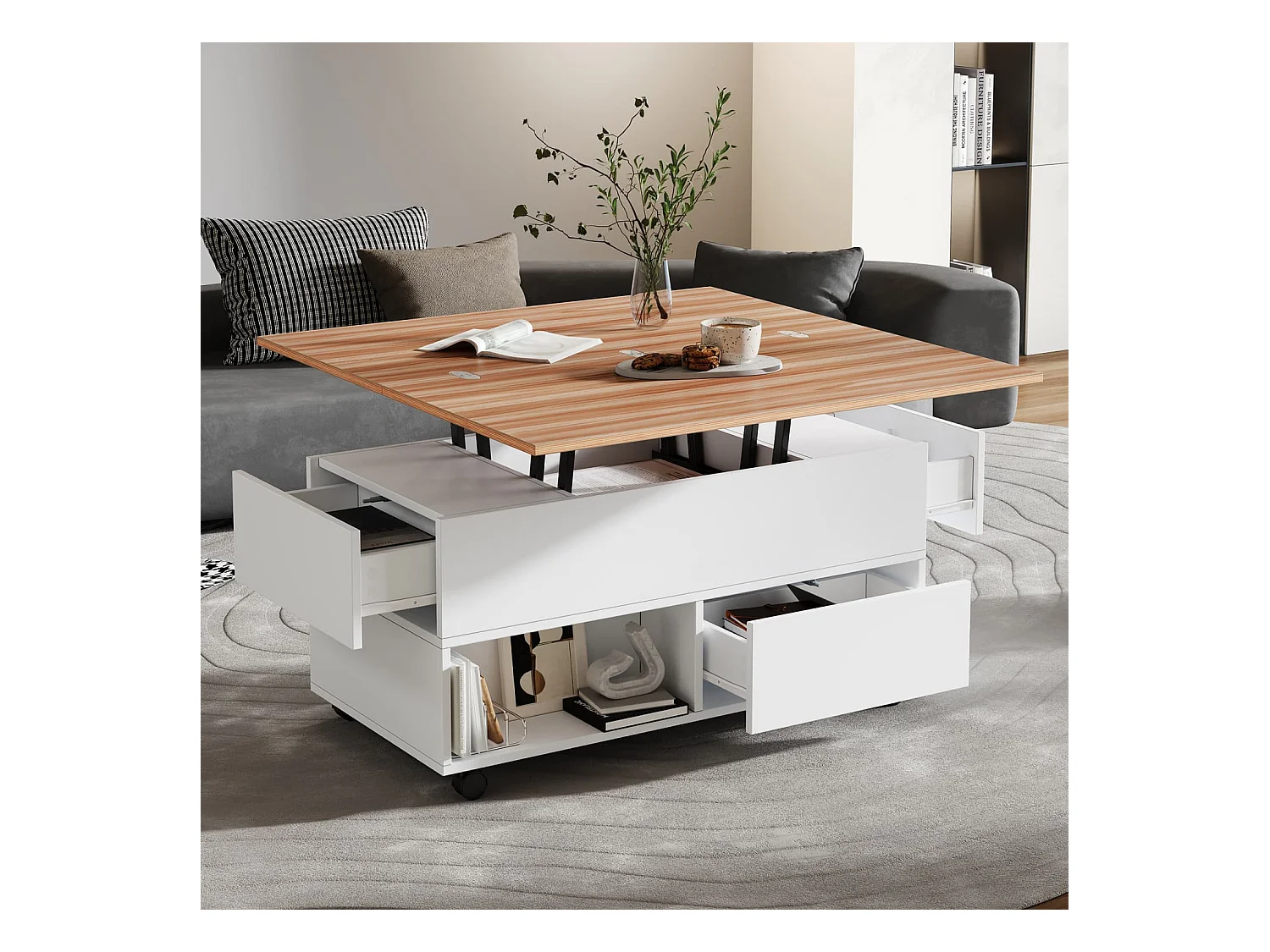 Couchtisch mit 4 Rollen,multifunktionaler Esstisch mit 4 Schubladen, anhebbarer Kaffeetish, höhenverstellbar Sofatisch,Beistelltisch mit Stauraum