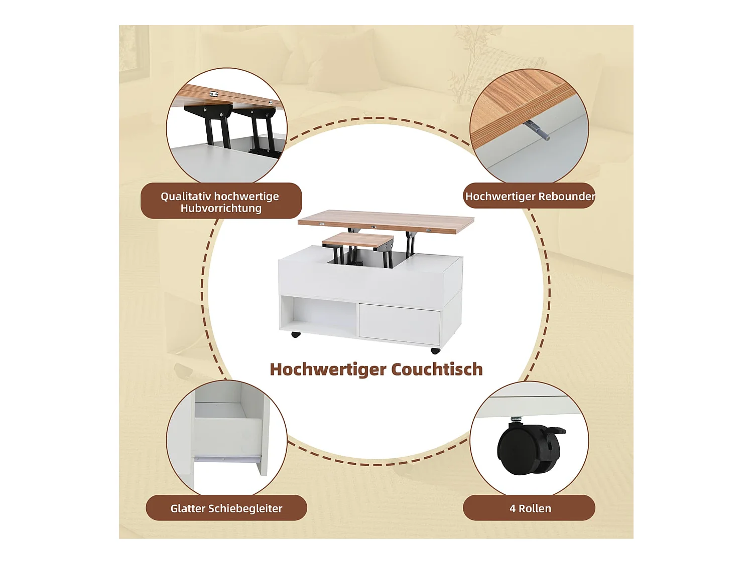 Couchtisch mit 4 Rollen,multifunktionaler Esstisch mit 4 Schubladen, anhebbarer Kaffeetish, höhenverstellbar Sofatisch,Beistelltisch mit Stauraum